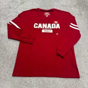 ATC All Things Canadian Graphic Long Sleeve T-Shirt Mens Medium Red V-Neck Tee